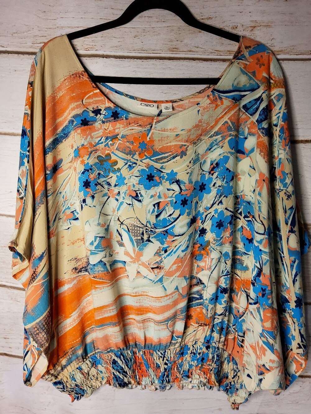 Cato Floral Print Elastic-Hem Tunic — Blue & Orange & Cream